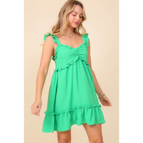 SOLD OUT Green Babydoll Ruffle Trimmed Mini Sleeveless Summer Vacation Casual - Picture 6 of 6
